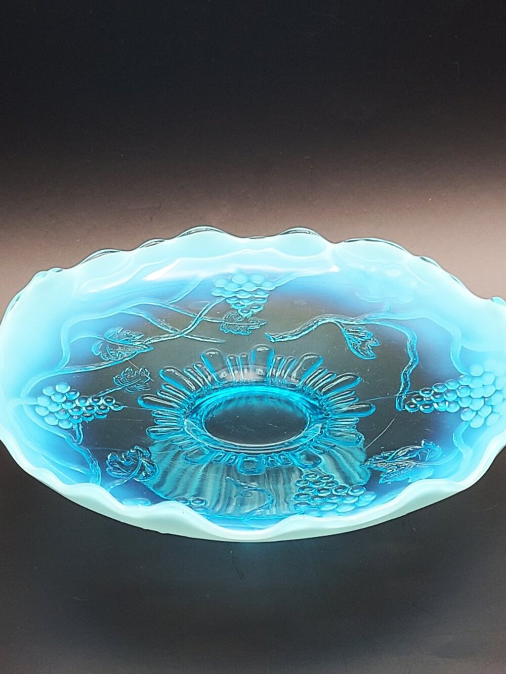 Antique Jefferson Glass Grapes Vine aka Vintage 245 Blue Opalescent Footed Bowl